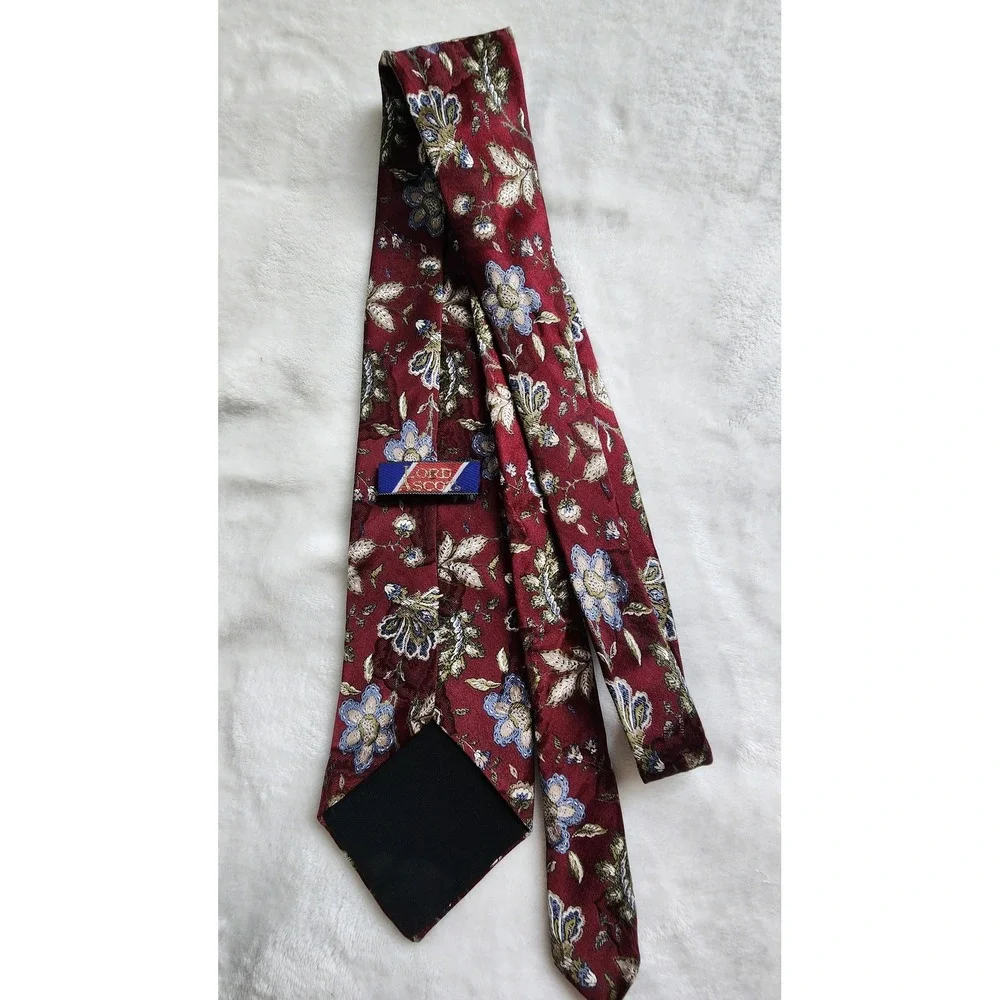 Lord Ascot Mens Silk Necktie Burgundy Red Floral Tapestry Pattern Wide Blade Tie
